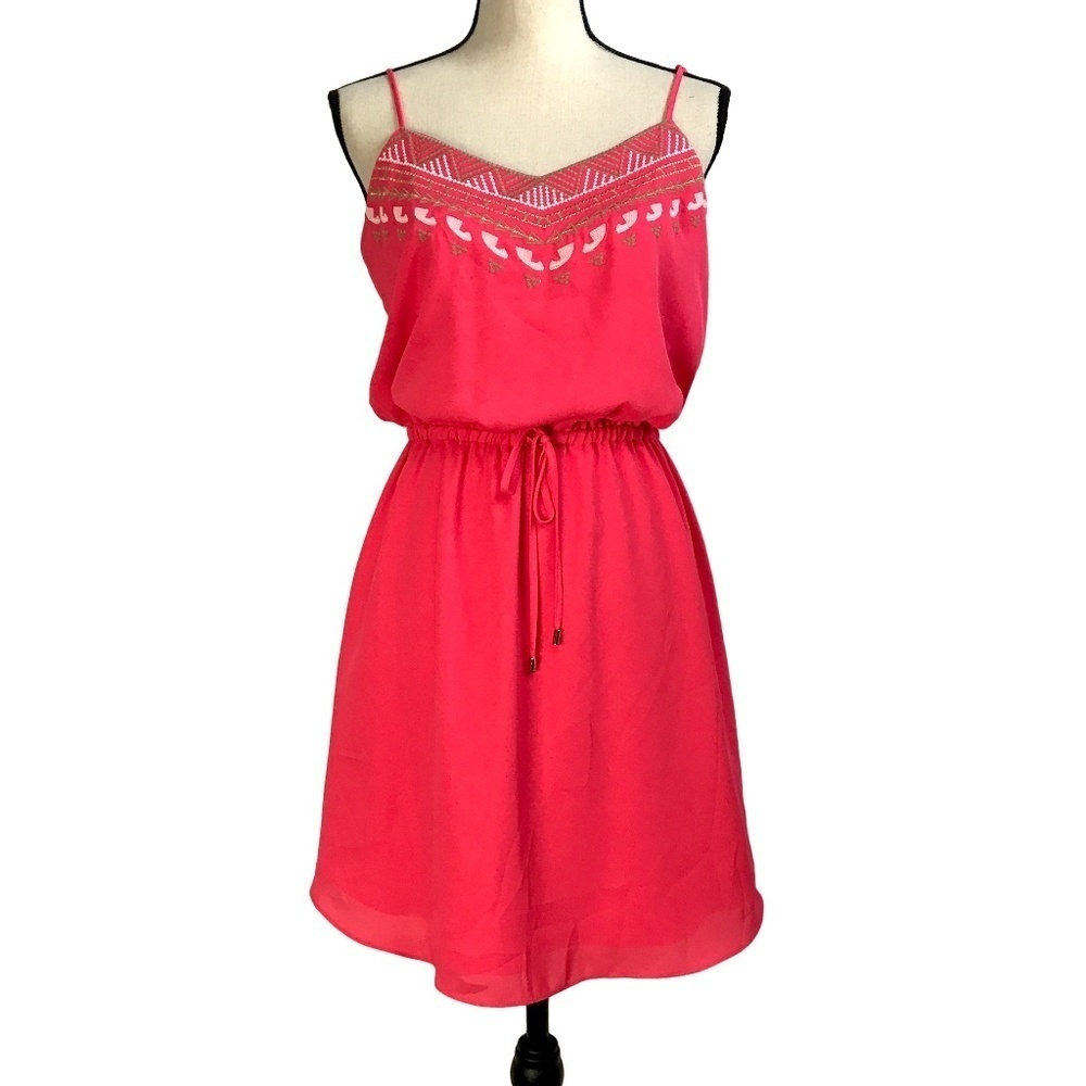 Chic Coral Boho Midi Dress with Embroidered Details